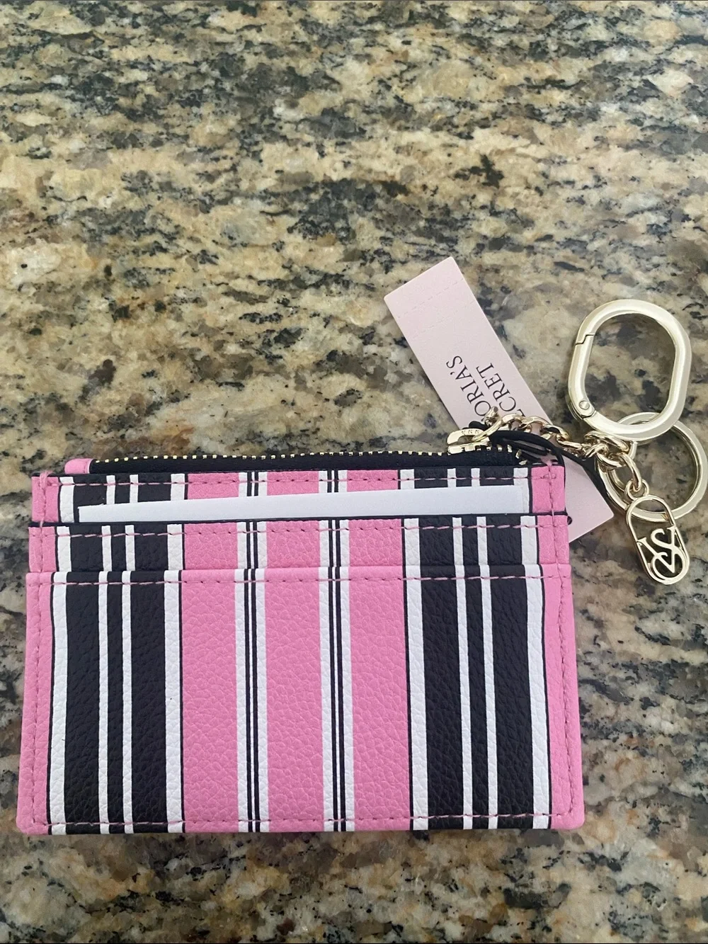 Victoria's Secret Pink, Black & White Striped Cardholder w bag clip Keychain NWT